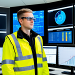 A professional industrial safety engineer, in a modern, fully clothed safety-compliant work uniform including a high-visibility vest and appropriate safety glasses, standing confidently in a high-tech industrial control room. Large digital screens in the background display real-time safety data, sensor readings, and AI-powered predictive analytics, hinting at IoT integration. The atmosphere is clean, organized, and technologically advanced. Perfect anatomy, correct proportions, natural pose, well-formed hands, proper finger count, natural body proportions. safe for work, appropriate content, fully clothed, professional, high quality professional photography, industrial safety, digital transformation.