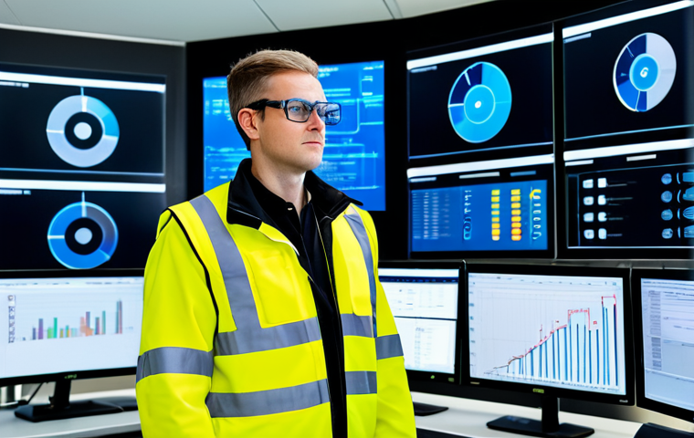 A professional industrial safety engineer, in a modern, fully clothed safety-compliant work uniform including a high-visibility vest and appropriate safety glasses, standing confidently in a high-tech industrial control room. Large digital screens in the background display real-time safety data, sensor readings, and AI-powered predictive analytics, hinting at IoT integration. The atmosphere is clean, organized, and technologically advanced. Perfect anatomy, correct proportions, natural pose, well-formed hands, proper finger count, natural body proportions. safe for work, appropriate content, fully clothed, professional, high quality professional photography, industrial safety, digital transformation.
