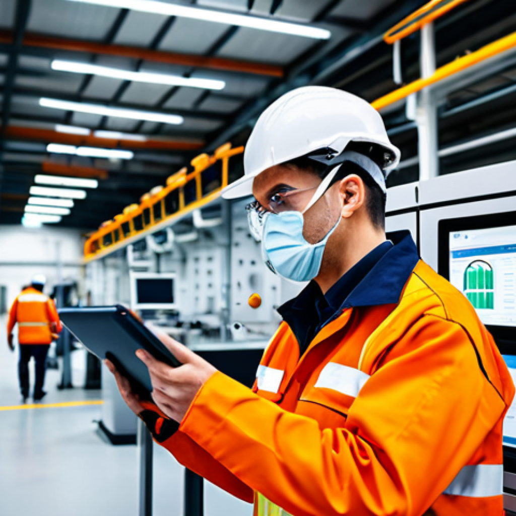 **

"A modern factory floor with smart sensors monitoring air quality and machine performance, fully clothed engineers in appropriate safety gear observing data on tablets, safe for work environment, high-tech equipment, perfect anatomy, correct proportions, professional industrial photography, modest attire, data visualization dashboards, appropriate content."

**