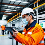 **

"A modern factory floor with smart sensors monitoring air quality and machine performance, fully clothed engineers in appropriate safety gear observing data on tablets, safe for work environment, high-tech equipment, perfect anatomy, correct proportions, professional industrial photography, modest attire, data visualization dashboards, appropriate content."

**
