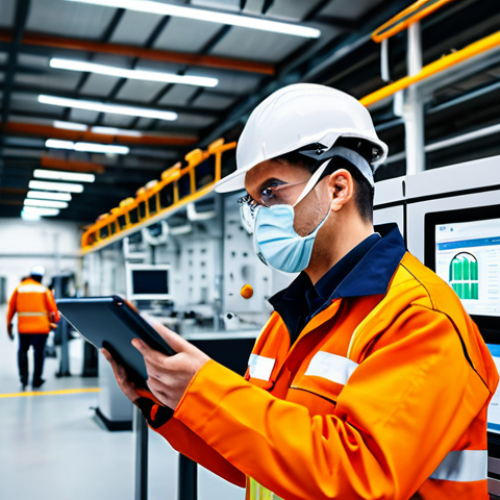 **

"A modern factory floor with smart sensors monitoring air quality and machine performance, fully clothed engineers in appropriate safety gear observing data on tablets, safe for work environment, high-tech equipment, perfect anatomy, correct proportions, professional industrial photography, modest attire, data visualization dashboards, appropriate content."

**
