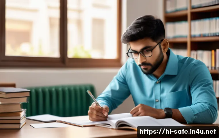 산업안전기사 시험과 관련된 자주 묻는 질문 - A focused Indian student studying industry safety certification exam materials at a tidy desk, surro...