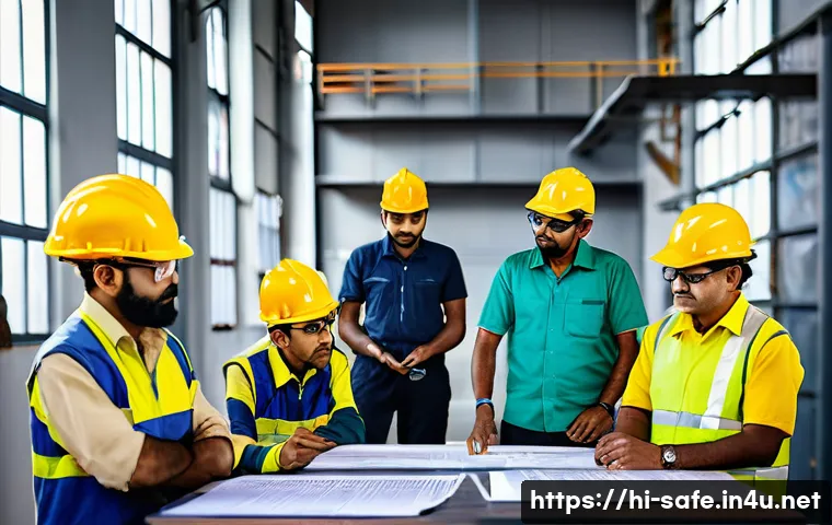 산업안전기사와 건강 진단 프로그램 - A vibrant workplace safety training session in an Indian industrial setting, featuring a diverse gro...