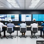 산업안전관리자와 안전교육 프로그램 - A modern corporate training room with diverse Indian employees attentively engaged in a virtual real...