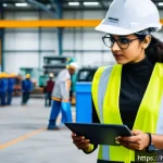 산업안전분야의 여성 전문가 성공 사례 - A confident Indian woman industrial safety leader in professional attire, wearing safety gear includ...