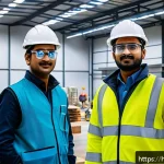 산업안전기사와 산업 내 사고 동향 - A modern industrial workplace scene in India featuring workers wearing high-quality personal protect...