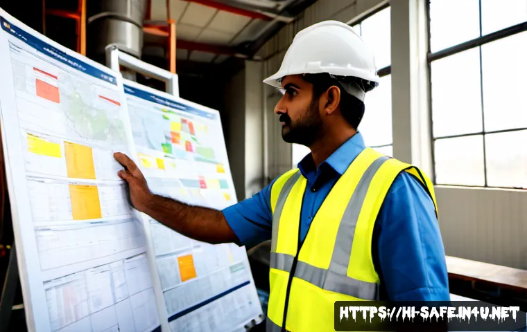 산업안전기사와 재난 복구 계획 수립 - Photorealistic Indian industrial safety engineer in a hard hat and reflective vest reviewing a disas...